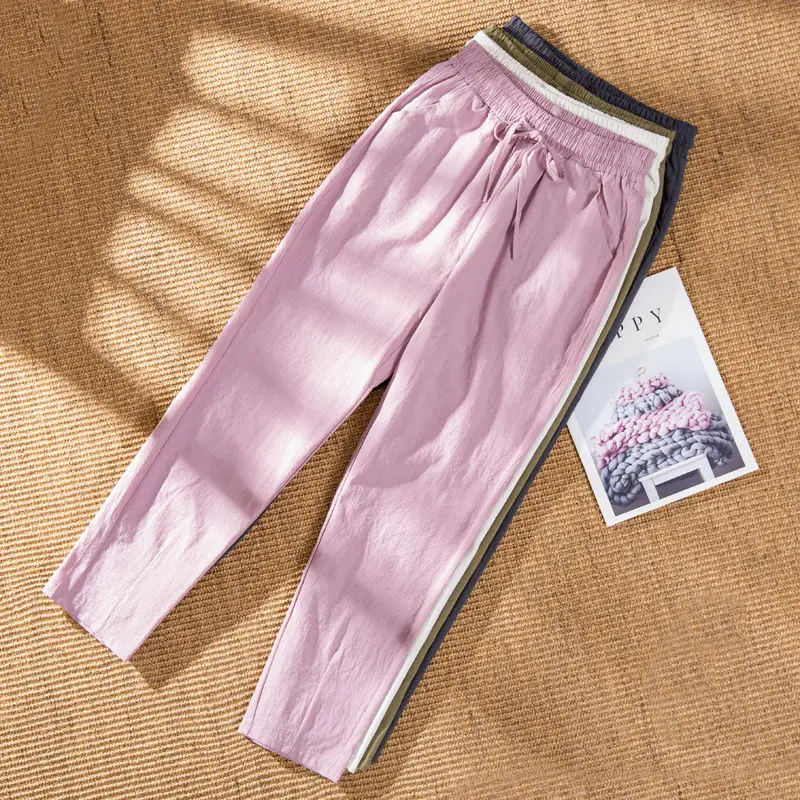 Брюки женские из хлопка и льна повседневные свободные однотонные штаны с высоким