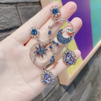 2021 vintage blue star and moon women long asymmetric geometric metal earrings summer ear jewelry for