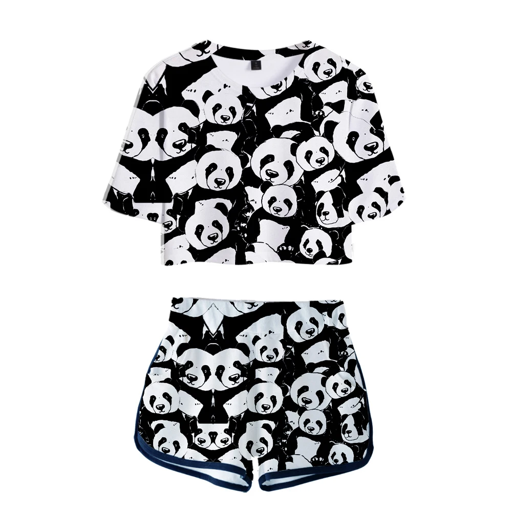 

2021 Popular Cute China Panda 3D Women Two Piece Set Fashion Summer Short Sleeve Crop Top+Shorts Girls Casual Sexy suit t-shirt