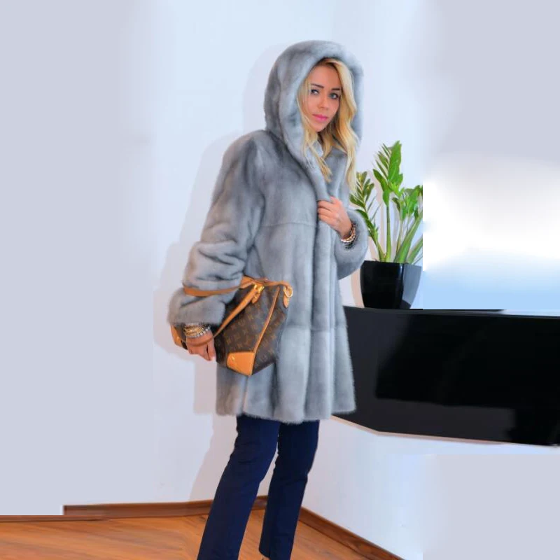 Natural Hooded Real Mink Fur Coats Women Fashion Winter New Import Mink Fur Coat 90cm Long Female Plus Size Fur Outfit Luxury