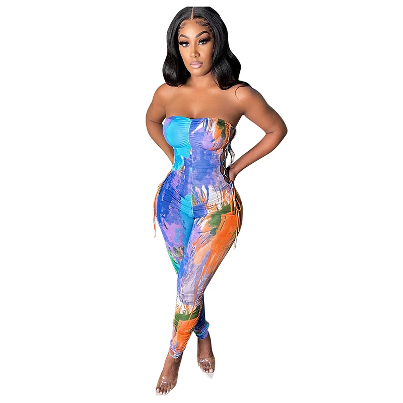 

Kricesseen Sexy Summer Print Tie Dye Bandage Skinny One Pieces Jumpsuit Women Strapless Side Lace Up Bodycon Clubwear Rompers