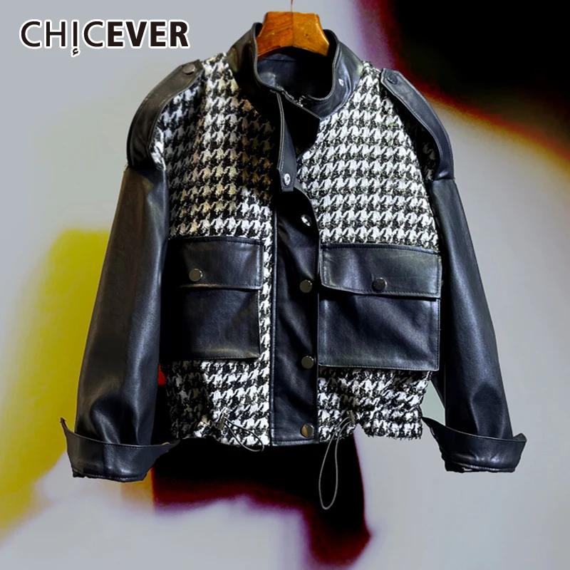 

CHICEVER Casual Houndstooth Women's Coat Lapel Long Sleeve Patchwork PU Leather Dual Pocket Jackets Female Autumn 2021 Clothing