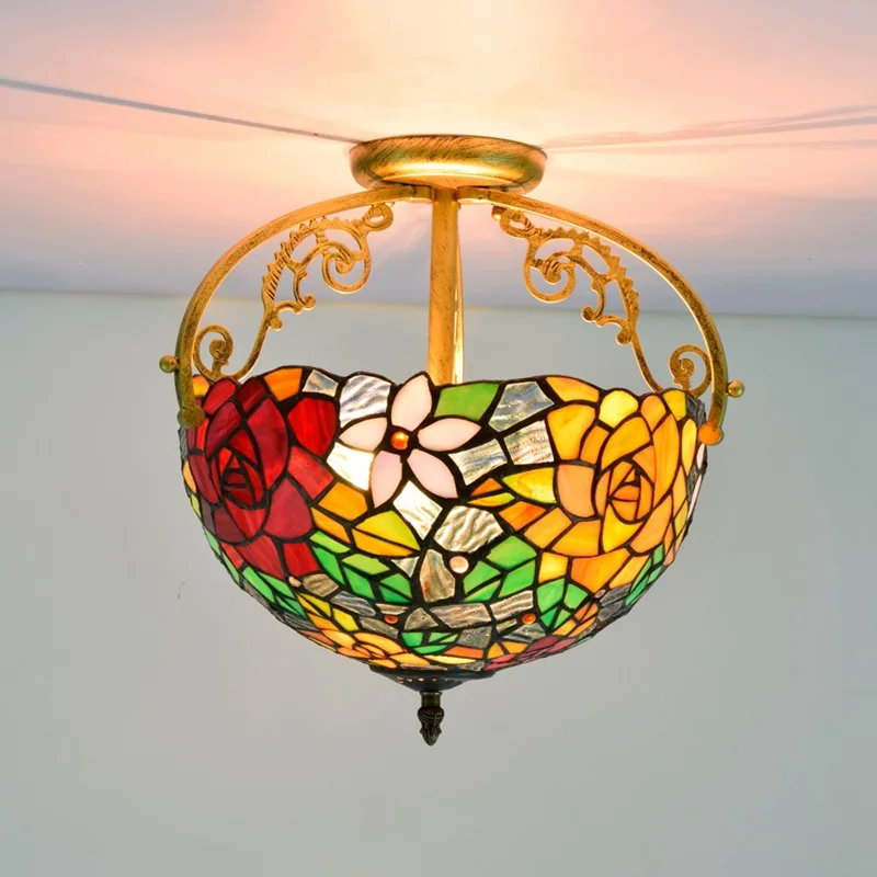 

30cm European-Style Retro Gorgeous Rose Colored Glass Restaurant Bedroom Corridor Corridor Bathroom Glass Half Ceiling Lamp