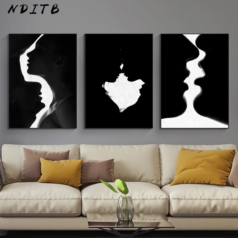 Черно-белая абстрактная женщина поцелуй постер Скандинавская настенная Картина