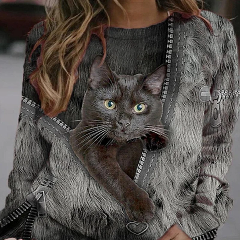 

New Cool Fashion T Shirt for Women Cartoon Cats Print 3D T Shirts Female T Shirts M-5XL Zipper Casual O-neck Long-Sleeved Tops