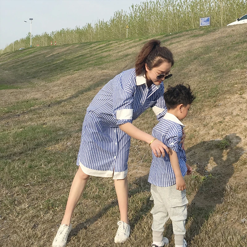

Spring Summer parent-child outfit father mother son and daughter cotton striped long sleeve shirt family macthing outfits