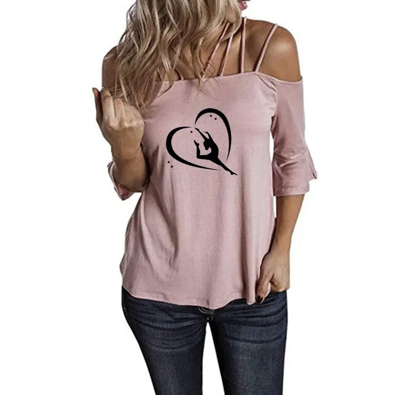 

Ladies loose one-word shoulder strap horn sleeve fashion print fun sport your exclusive T-shirt