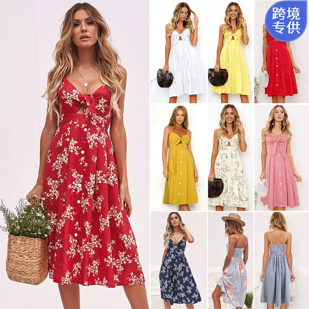 

Women's Dress 2021 Summer Sexy V-neck Floral Print Bohemian Beach Dress Floral Bow A-line Mini Dress Wrapped Sundress Robe