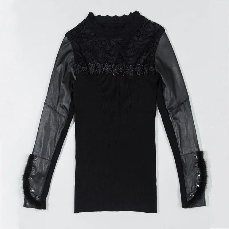 Fashion Women Turtleneck Lace Sweater Sheepskin Real Leather Sleeve Patchwork Knitted Tops Slim Fit Elastic Pullover Sweaters