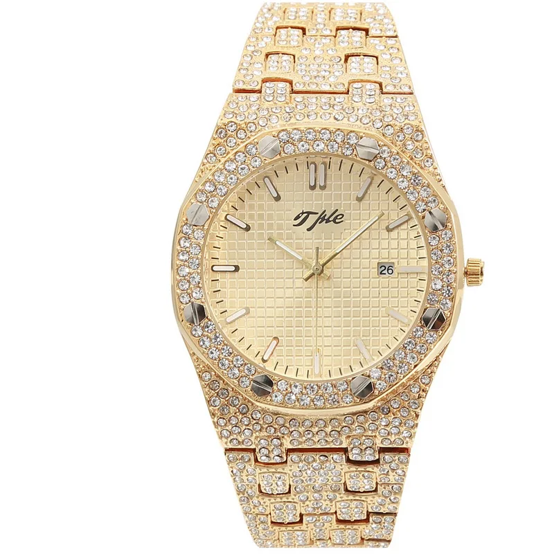 

TPLE All Diamond Watches Round Luxury Men Watch Hip Hop Men Fashion Date Quartz Iced Out Bling Watch