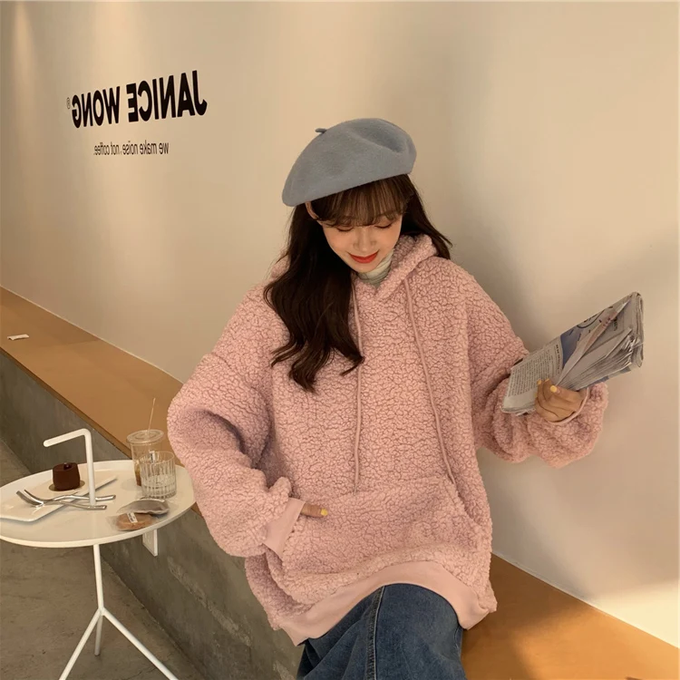

Waitmore Lamb Wool Hoodie Female Autumn and Winter Velvet Padded Thickened Top Loose Korean Style Boyfriend Student Hooded