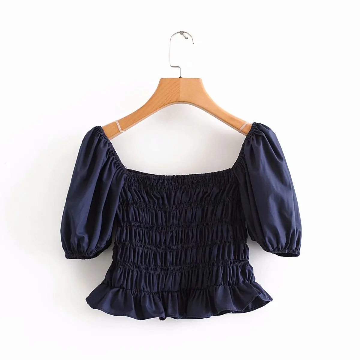 Короткий топ с рюшами и пышными рукавами Женская темно-синяя блуза квадратным