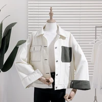 harajuku color matching denim jacket korean loose short long sleeve beige jeans jacket casual female basic coat jaqueta feminina