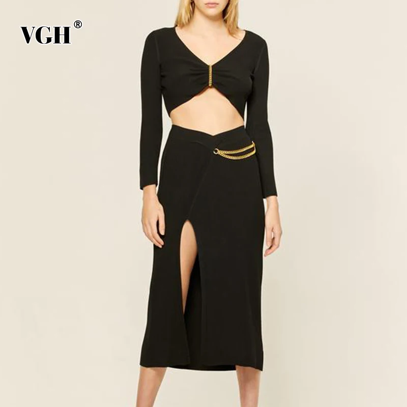 

VGH Повседневный лоскутный цепочка однотонный разрез прямой комплект из двух частей женский V-образный вырез с длинным рукавом Женские компл...