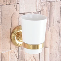 wall mounted luxury polished gold color brass bathroom toothbrush holder set bathroom accessory single ceramic cup mba592