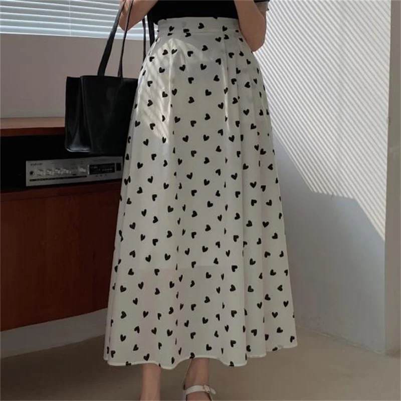 

Brief Hearts Printing High Waist Femme Chic 2021 Streetwear Stylish Hot OL Elastic-Waist Loose All Match Long Skirts