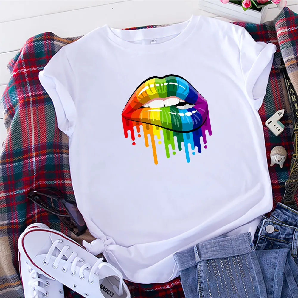 

European and American 2021 Rainbow lips printed T shirt female Casual cotton women Top Tee Short Sleeve T shirts