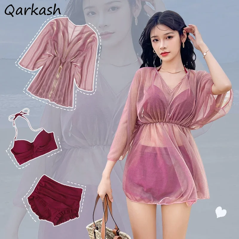 

Комплект бикини женский, из 3 предметов, летний, просвечивающий, с высокой талией