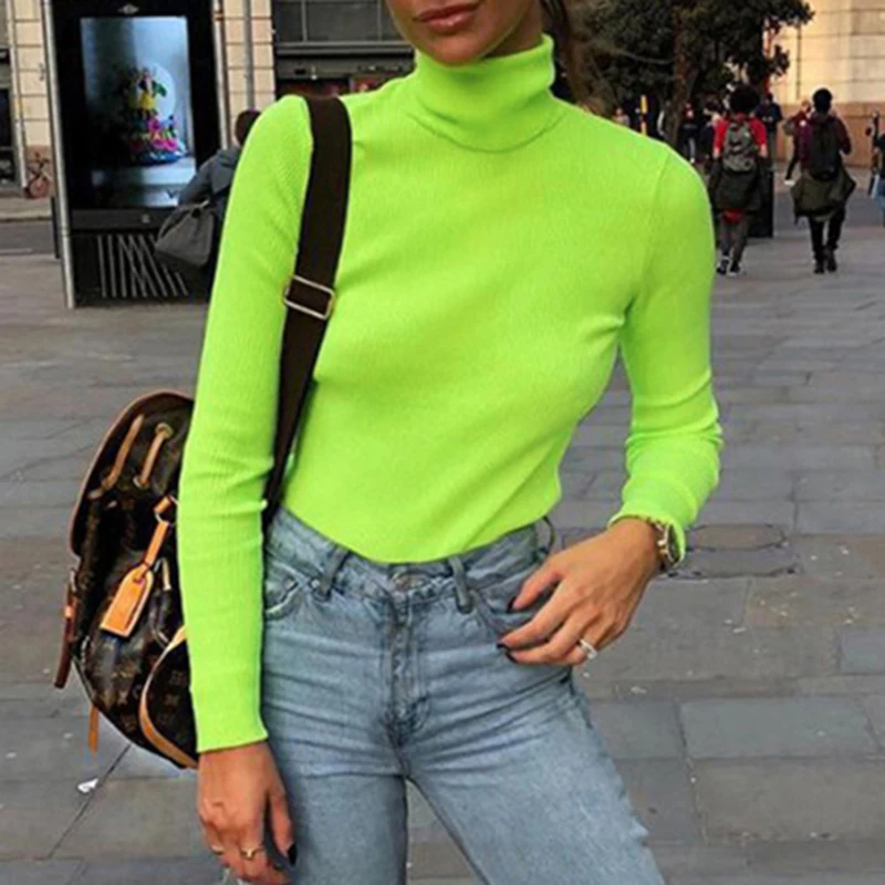 

Women Turtleneck Pullover Sweater Autumn Winter Casual Slim Waist Long Sleeve Knitwear Ladies Basic Knitted Sweaters