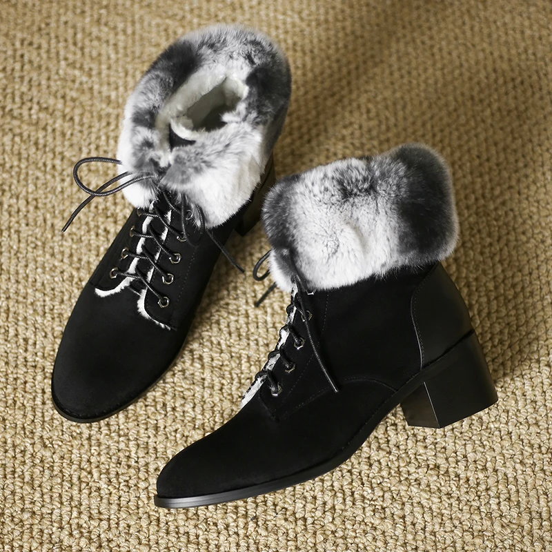 Online Ukuran 34-39 Wanita Ankle Boot Hangat Mewah Musim Dingin Sepatu For Lace-Up Sepatu Hak Tinggi Wanita Boot Wanita Sepatu Bot Salju Musim Dingin Sepatu Hitam