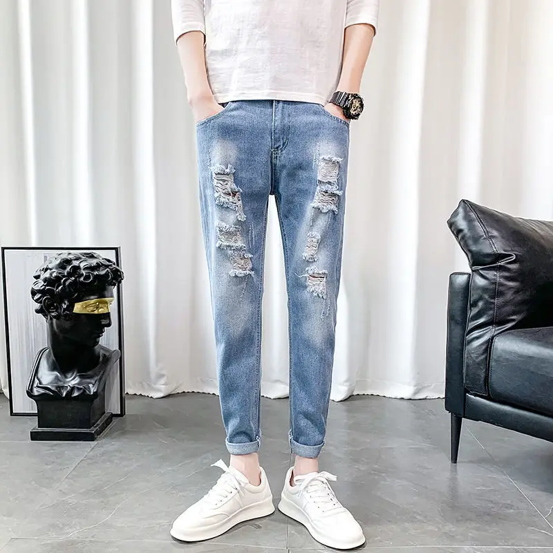 

Мужские джинсы, весенне-летние хлопковые облегающие брюки-карандаш с рваными дырками, в Корейском стиле, на молнии, для студентов