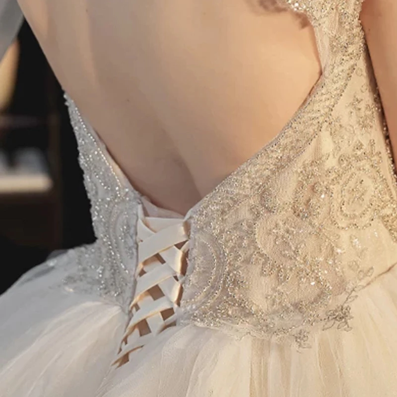 

Wedding Dresses Illusion High Short Beading Pearls Backless Tulle Lace Train Luxury Champagne Vintage Women Bridal Gown GB377