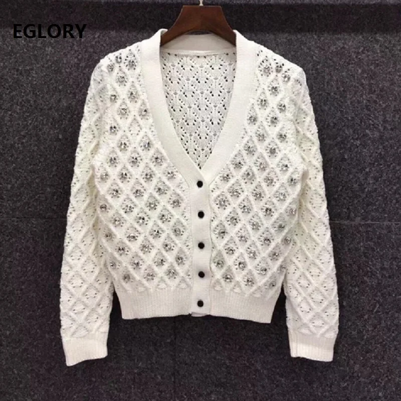 2021 Spring Summer Fashion Cardigan Jackets Women V-Neck Twist Knitting Crystal Beading Deco Long Sleeve Blue White Cardigan Top