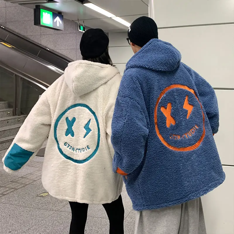 

Lamb Wool Men Hooded Jacket Big Smiley Face Casual Oversized Tops Winter Thick Warm Male Cardigan Jackets Couples Harajuku Coats