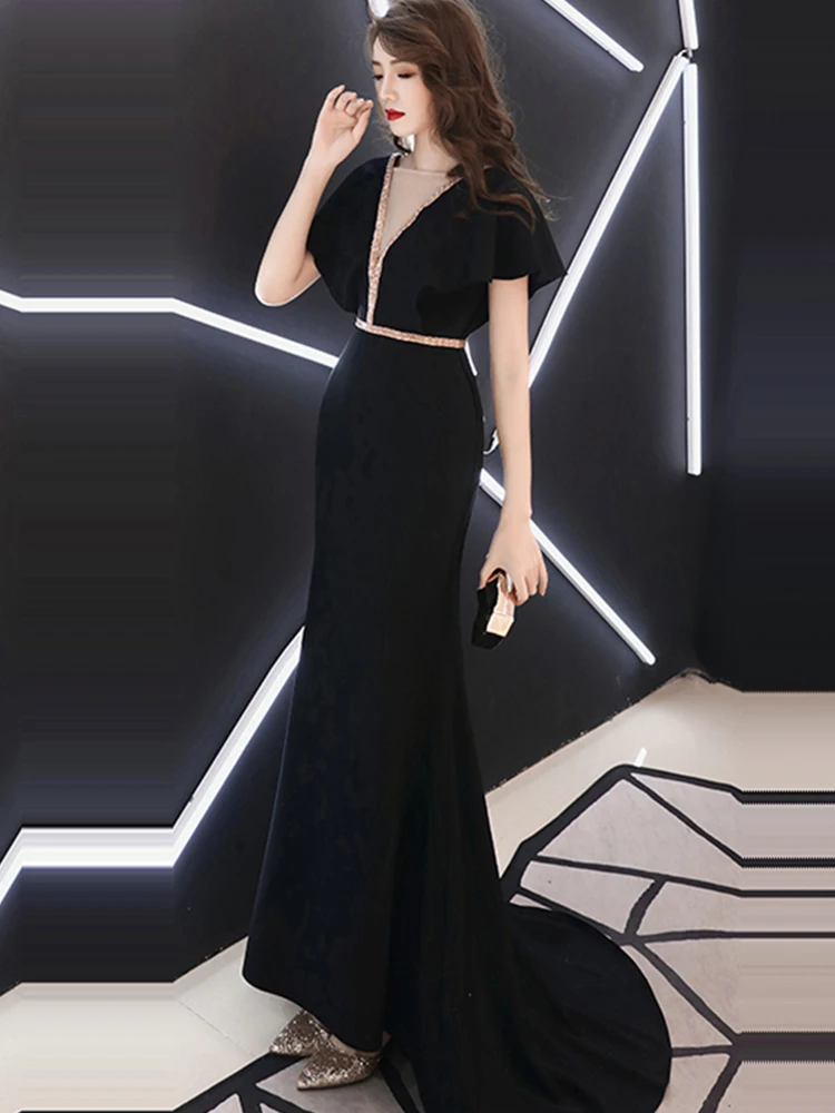 Вечернее платье Soild v-образным вырезом с коротким рукавом Robe De Soiree в пол, со стразами женские вечерние платья с открытой спиной F159