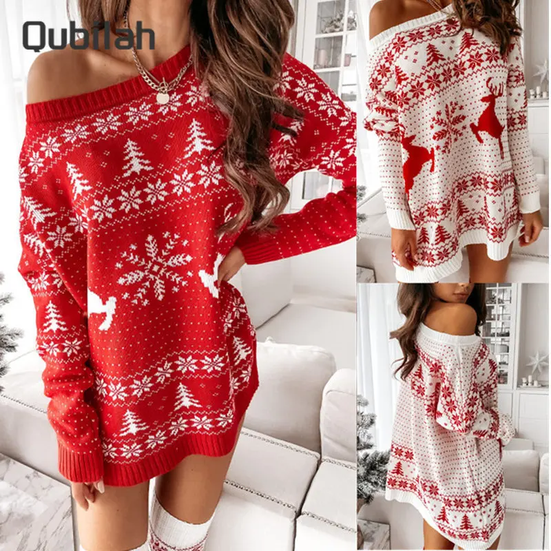 

Christmas Sweater Dresses Fashion Casual Loose Long Sleeve Knitted Dress Tops Christmas Print Pullover Fall Winter Women Clothes