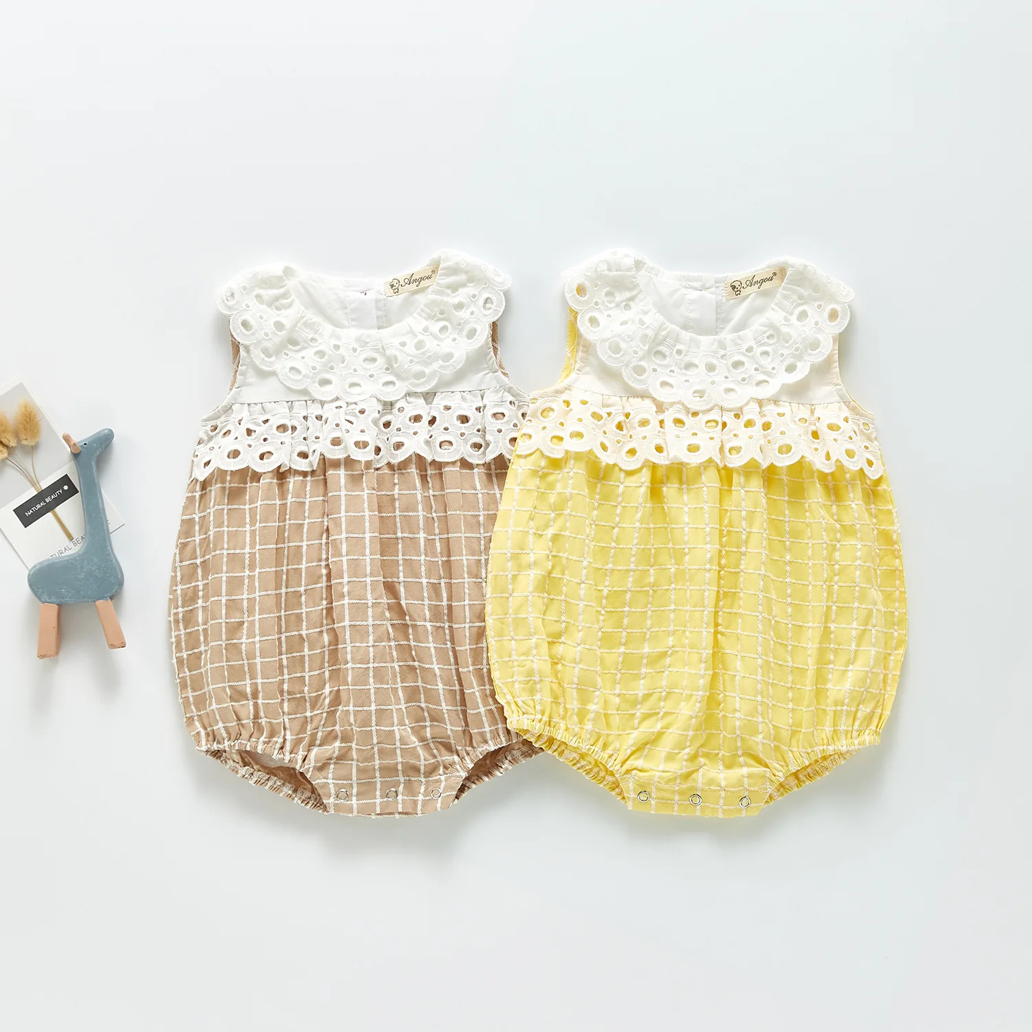 

WLG Girls Patchwork Rompers Baby Clothes Summer Yellow Beige Plaid Sleeveless Romper Toddler Girl Casual Clothes