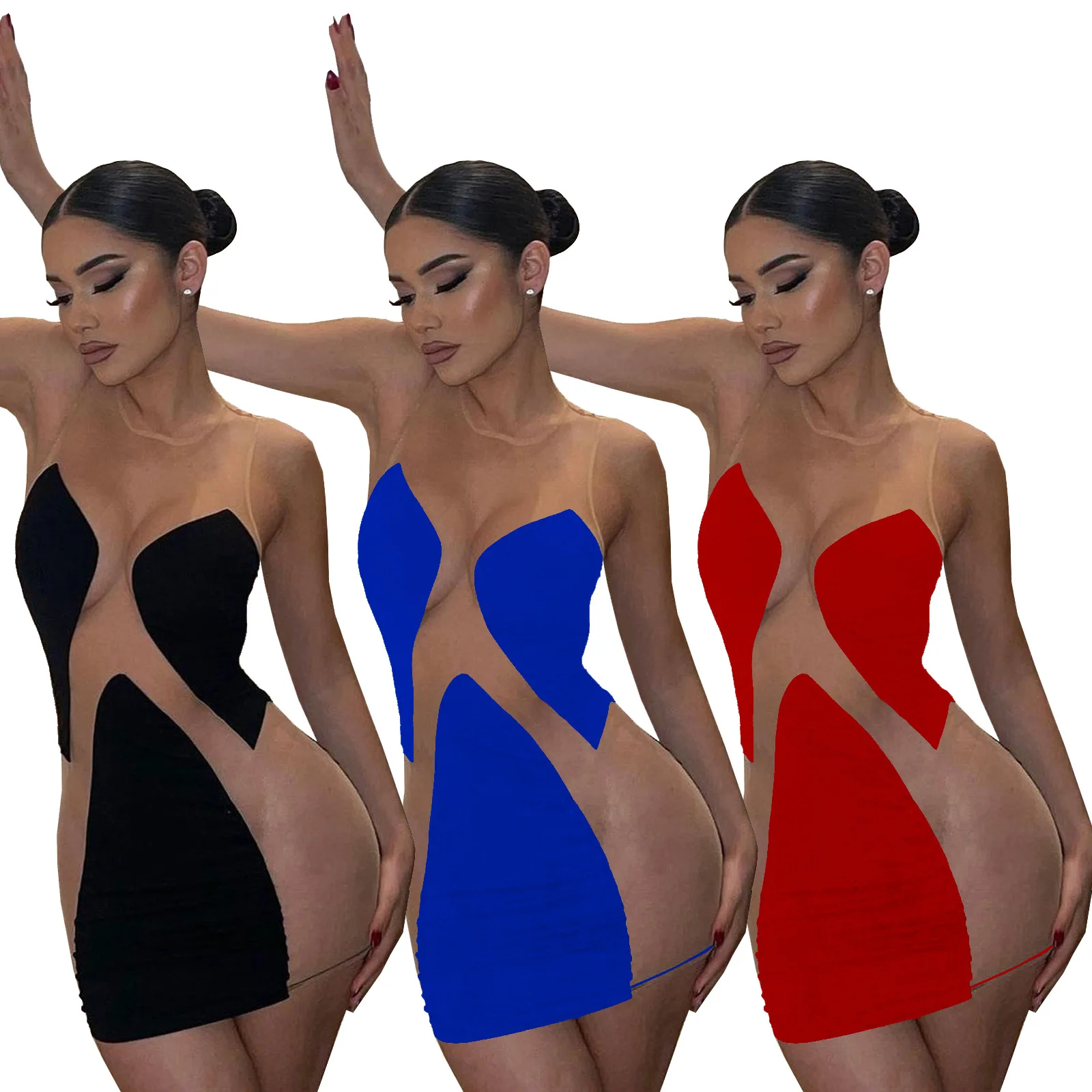 

Oluolin Autumn Sheer Mesh Stitching Sexy Sleeveless Super Stretch Short Dress For Woman Club Party Patchwork Bag Hip Mini Dress