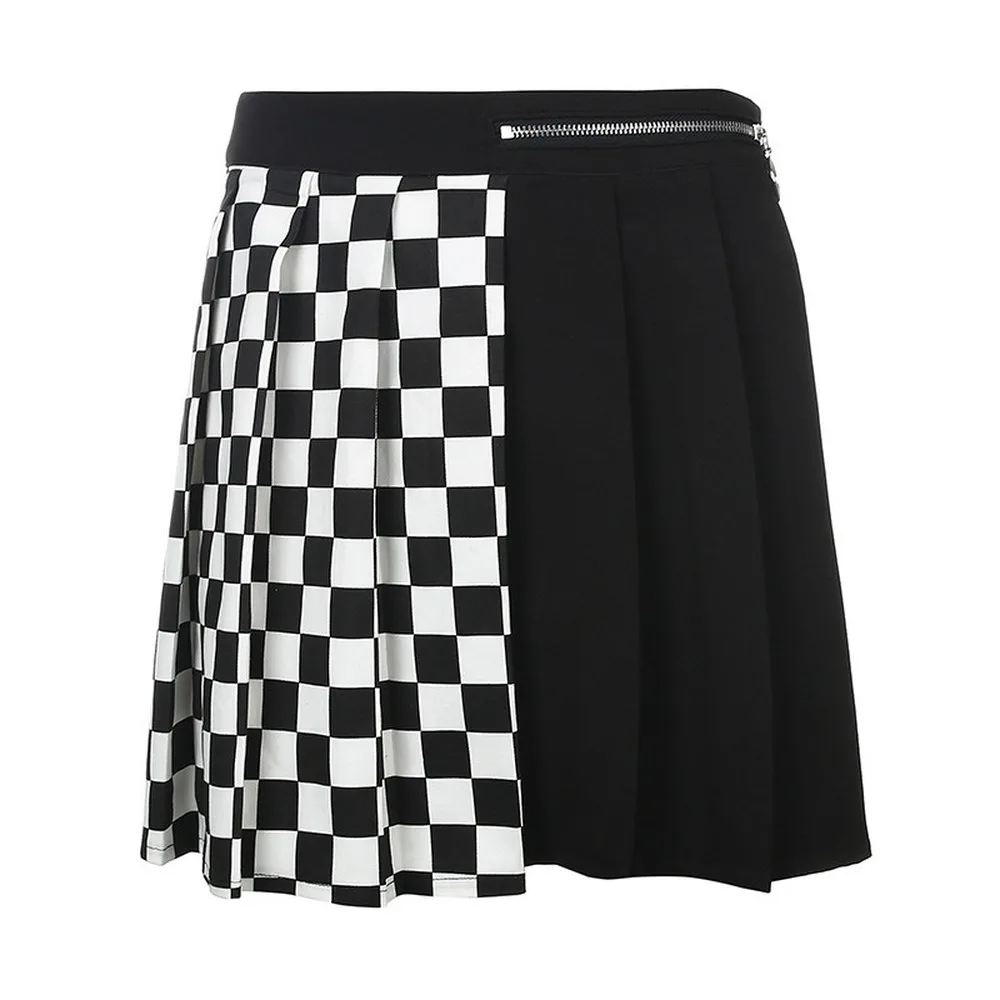 

2020 Fashion Woman High Waist Stitching Black and White Plaid Skirt Woman Loose Summer Pleated Skirt Ladies Slim Women's Skirts