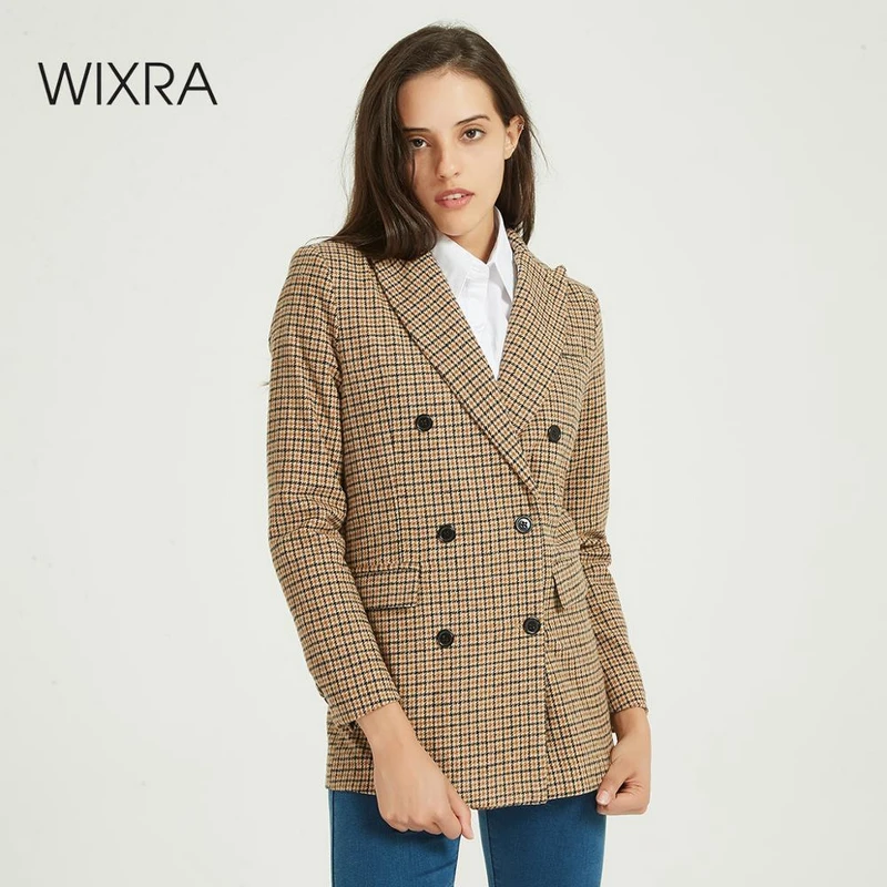 

Женский клетчатый Блейзер Wixra, двубортный офисный пиджак с длинным рукавом в винтажном стиле на осень и весну 2020, шикарная верхняя одежда