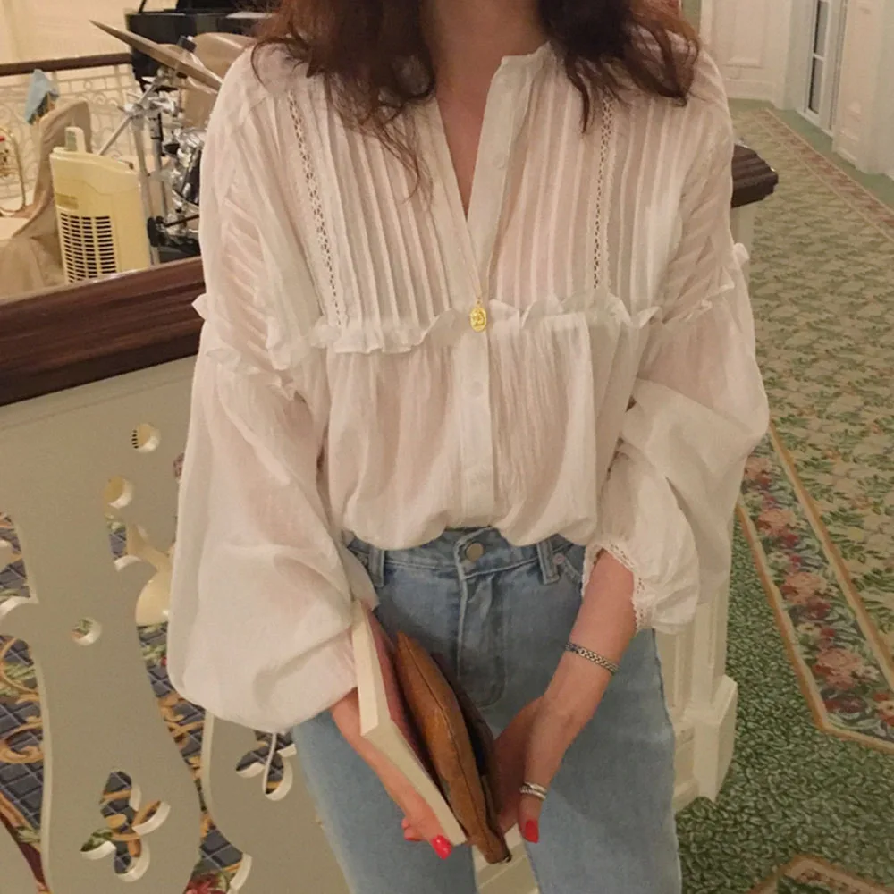 

Summer Shirts Office Lady Chic Korean Women Blouses Casual Loose Sweet Sunscreen Elegant Female Simple Tops Lantern Sleeve
