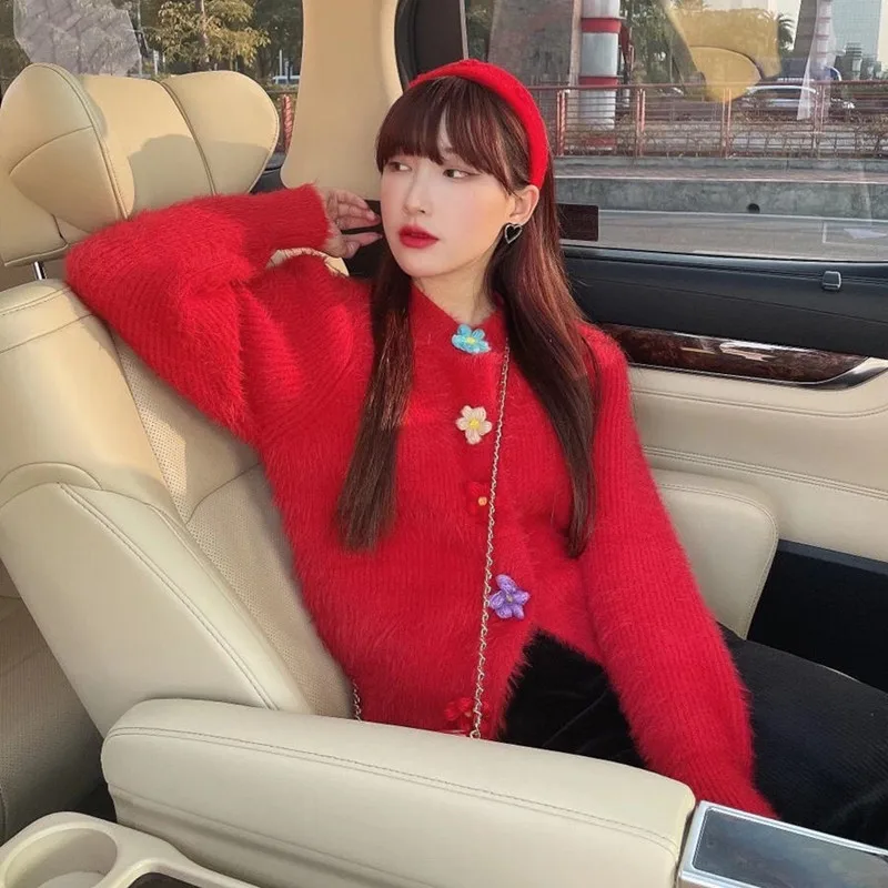 Женский кашемировый кардиган элегантный вязаный с круглым вырезом и пышными