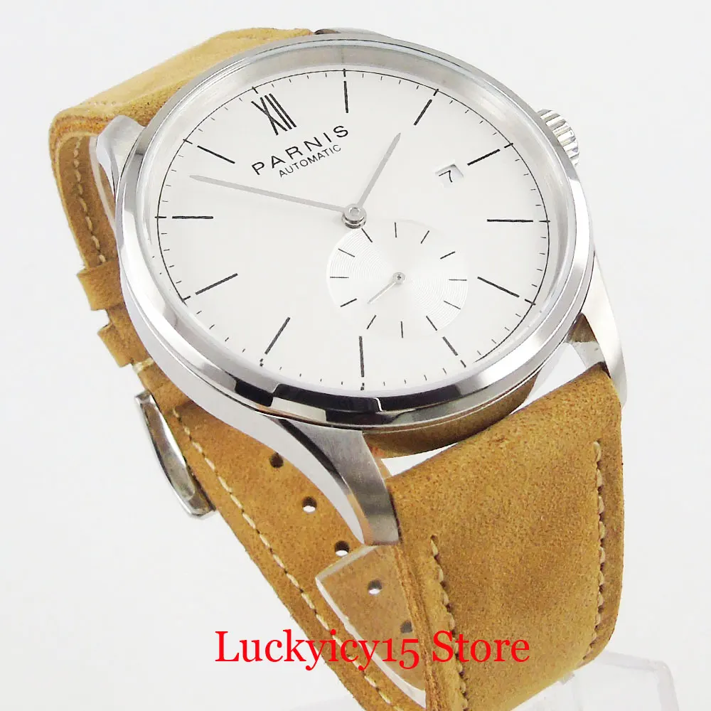 PARNIS 42mm White Dial Automatic Men Wristwatch Date Window Round Polished Case High Quality Watch | Наручные часы