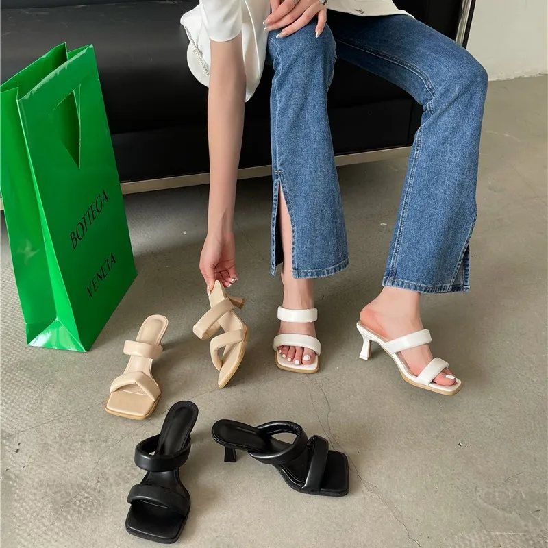 

New Summer Womens Slides Kitten Heel Open Toe Modern Slippers Leisure Sandals Female High Heels Shoes for Women