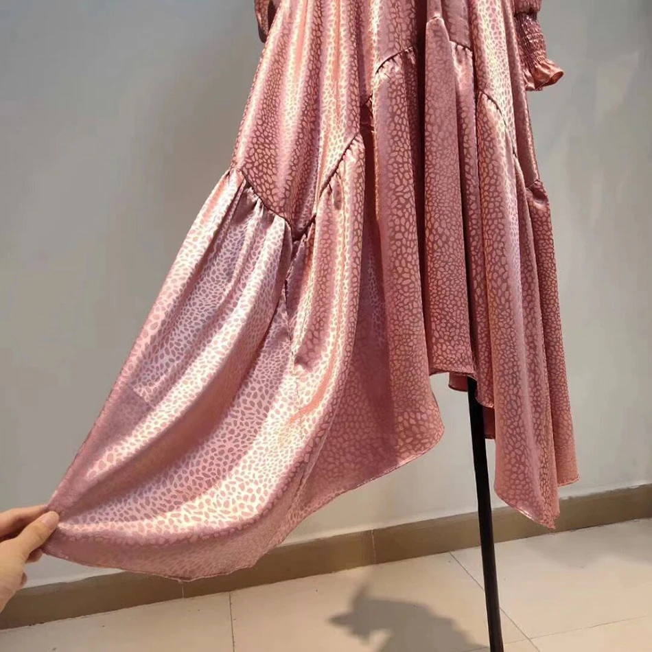 

High Quality 2020 Fall Sexy V-neck Puff Sleeves Irregular Hem Belt Leopard Print Dress Elegant Women's Party Long Dress Vestidos
