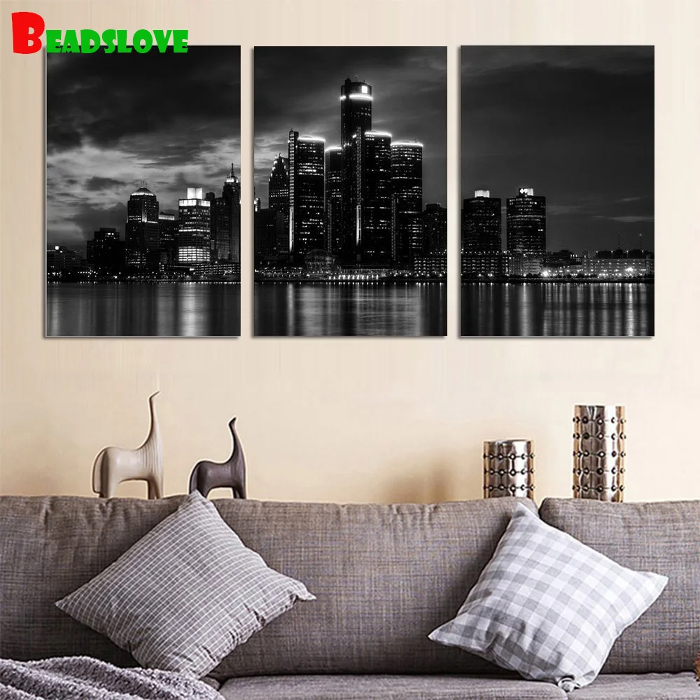 

Красивая черно-белая алмазная живопись Skyline из Детройта, полноразмерная круглая Алмазная вышивка 5d, вышивка мозаикой