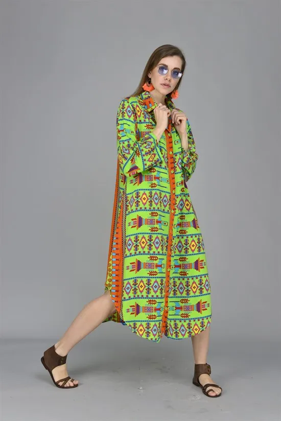 

Aztec Pattern Green Color Shirt Collar Long Dress 2021 New Fashion Bohemian Style Authentic Women's Clothing