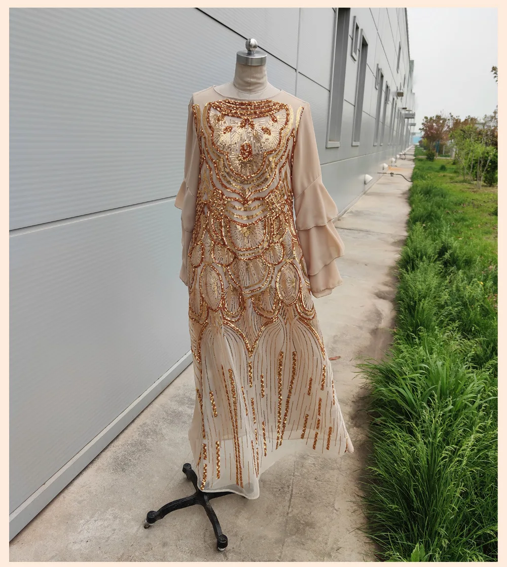 

WEPBEL Multi-Layer Ankle Length High Waist O Neck Fashion Muslim Abaya Women Full Sleeves Sequin Embroidered Long Maxi Dress