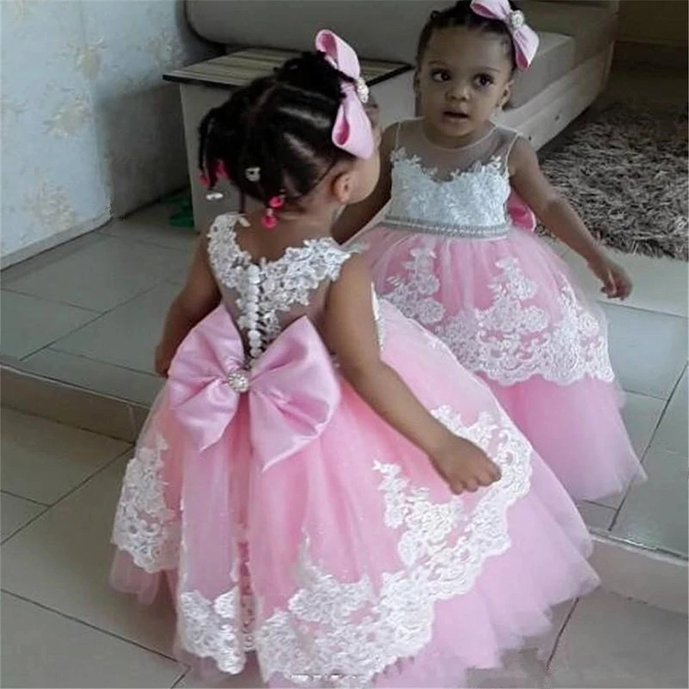 

New Arrivals Pink Lace Ball Gowns Flower Girls Pageant Dresses With Train First Communion Dresses For Weddings Vestidos deminha