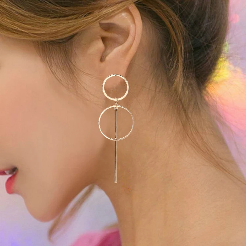 Простые круглые геометрические висячие серьги Корея тренд золотые серебряные с