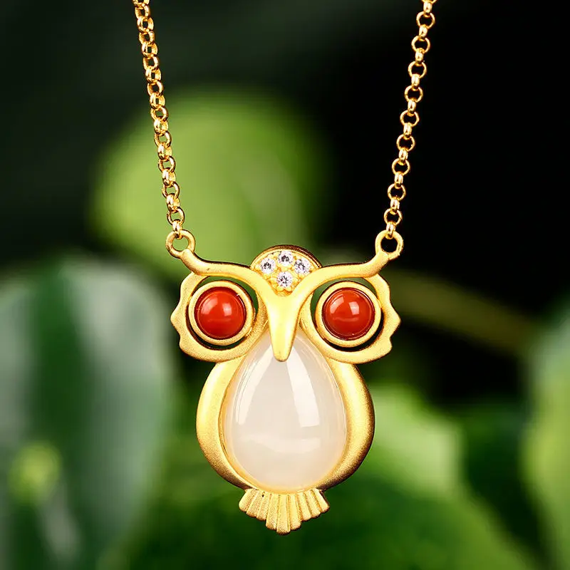 

Новое серебряное ожерелье с подвеской в виде совы из натурального хэтяня, уникальное старинное золото в китайском стиле ретро, Брендовые же...