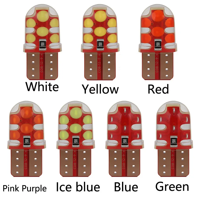 

50 шт. T10 светодиодный w5w cob силиконовые лампы 194 168 W5W светодиодный светильник лампы белого и синего цвета красный фонарь освещения номерного з...