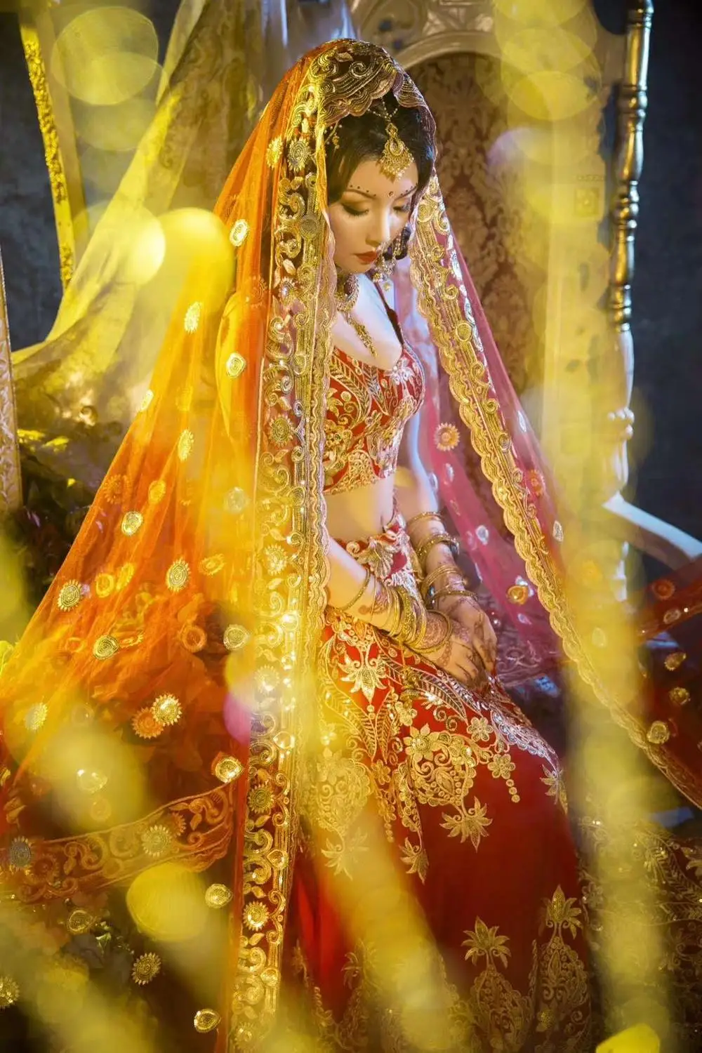 Женский Свадебный костюм Sarees индийский в этническом стиле Lehenga Choli топ + юбка шарф