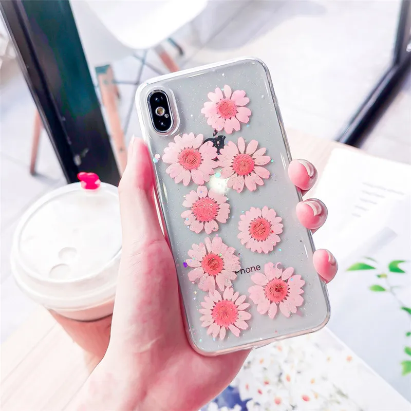 Чехол для телефона с настоящими цветами и сушеными iPhone X XS XR Max 6 S 7 8 Plus прозрачная