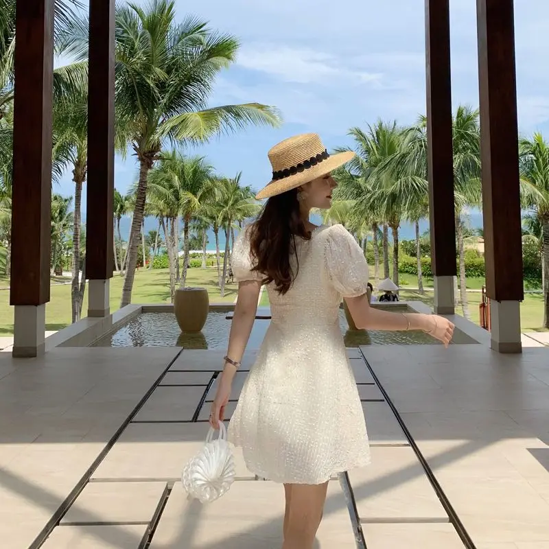 

Summer Women'S Chiffon Embroidered Dress White A-Line Skirt Vestido De Mujer Elegant Square Neck Club Party Dress Beach Dress