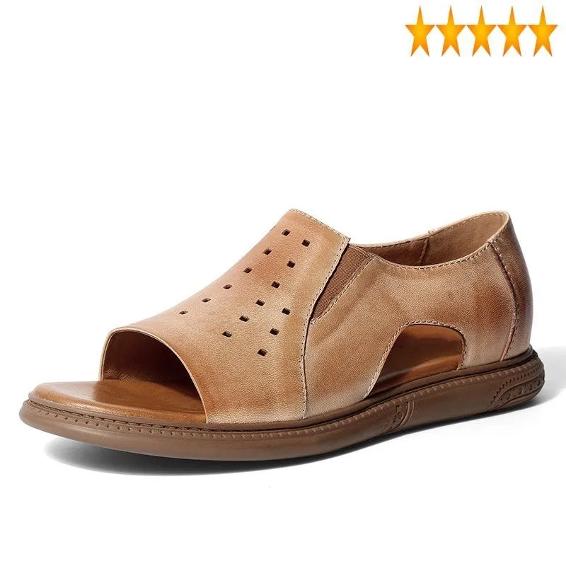 

Mens 2021 New Summer Genuine Leather Hollow Out Gladiator Shoes Breathable Male Outdoor Slip On Beach Sandals Footwear